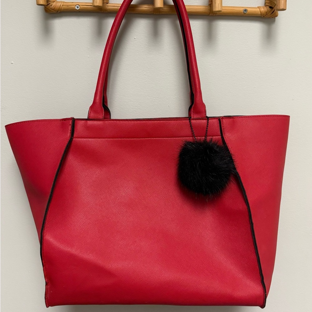 Elizabeth Arden Red Tote Bag with Black Pom Charm - Classic Women's Carryall